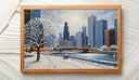 Bedroom wall art featuring snowy Chicago street scene