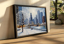 Urban landscape wall art depicting winter city blocks in oil style