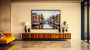 European cityscape decor with canal and boats - Amsterdam