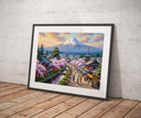 Calm lakeside scene with pagoda and soft sunrise hues