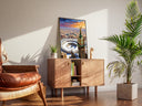 Living room scene with Kaaba and Clock Tower wall art