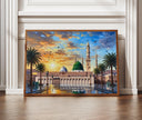 Medina Travel Poster with Masjid an-Nabawi and Green Dome in textured oil-style artwork