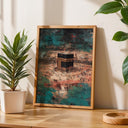 Soft gold and blue hues in abstract Islamic wall print