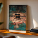 Minimal geometric Islamic motif with Kaaba silhouette