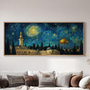 Abstract Islamic artwork with mosque silhouette under night sky