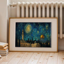 Van Gogh-inspired brushwork in blue and gold tones