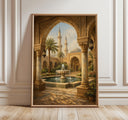 Islamic courtyard wall art print with mosque fountain and archway