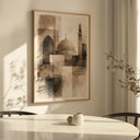 Wide view of modern Islamic artwork in a neutral living room