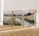 Three-piece Islamic wall art display with Sabr Shukr Tawakkul Arabic calligraphy in meadow-inspired design