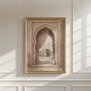 Abstract Islamic art featuring Kaaba silhouette in pink