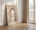 Abstract Islamic arch design in warm beige and pink hues
