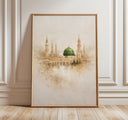 Green dome Islamic wall art print featuring Medina Mosque watercolor style