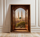 Medina window view with mosque silhouette and soft desert tones