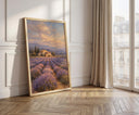 Sunlit purple lavender rows in a French countryside scene