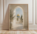 Al Aqsa Palestine wall art featuring a neutral Mediterranean archway and golden dome