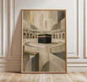 Abstract Mecca wall art featuring Kaaba-inspired sacred geometry in beige
