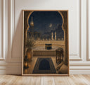 Kaaba wall art with crescent moon and mosque silhouette