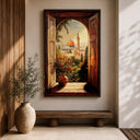 Boho Islamic wall art with Masjid Al-Aqsa silhouette over Jerusalem window