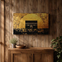Minimalist Islamic art with Kaaba silhouette on canvas