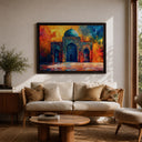 Intricate archway lines on framed Islamic art