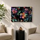 Close-up of framed floral artwork showing texture of canvas