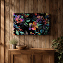 Floral canvas art with neon highlights and botanical design