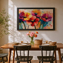 Framed botanical wall art with wildflowers in living room