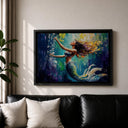 Bedroom decor with framed mermaid canvas and ocean hues