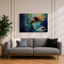 Sea nymph illustration on textured canvas in teal tones