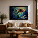 Ready-to-hang framed mermaid canvas on wall with coastal decor vibe