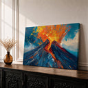Volcano eruption framed canvas wall art with glowing lava and smoky sky