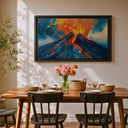 Dramatic volcanic eruption scene on framed canvas for living room decor