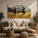 Close up of running horses in a rustic framed canvas print