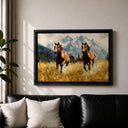 View of framed horses and mountain scenery on canvas