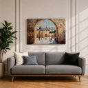 Earth-toned Islamic art with dome silhouette