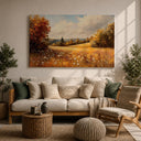 Fall countryside scene wall art with warm amber and olive tones
