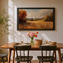 Cozy living room setup featuring autumn meadow canvas print