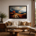 Gallery-style framed canvas depicting autumn mountains