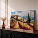 Tuscan countryside framed canvas with warm sunlit hills and olive trees