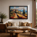 Framed canvas wall art with olive groves and distant hills