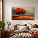 Vintage style red tree art on autumn landscape canvas