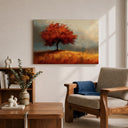 Framed canvas wall art showing autumn landscape with red tree