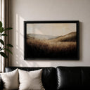 Wide countryside scene on framed canvas with weathered look