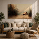 Log house in a pine forest with snowy backdrop rustic decor