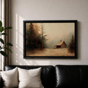 Winter landscape with log cabin and evergreen trees