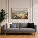 Seaside farmhouse wall decor on mantel featuring coastal blooms