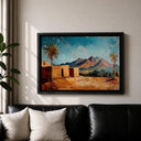 Desert landscape artwork featuring palm trees