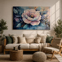 Close-up of blooming peonies on framed botanical wall decor