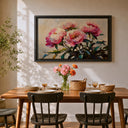 Botanical wall art featuring peonies in a framed canvas