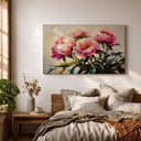 Detailed view of pink peonies and green leaves on canvas